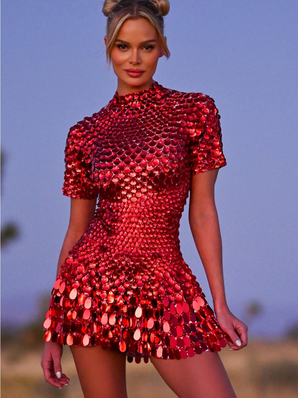 Red Sequin Mini Dress with Short Sleeves
